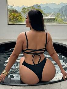 Swim SXY Plus Size One-Piece Swimsuit For Women, Solid Color Backless Drawstring Sexy Monokini, Summer - Black - View 1