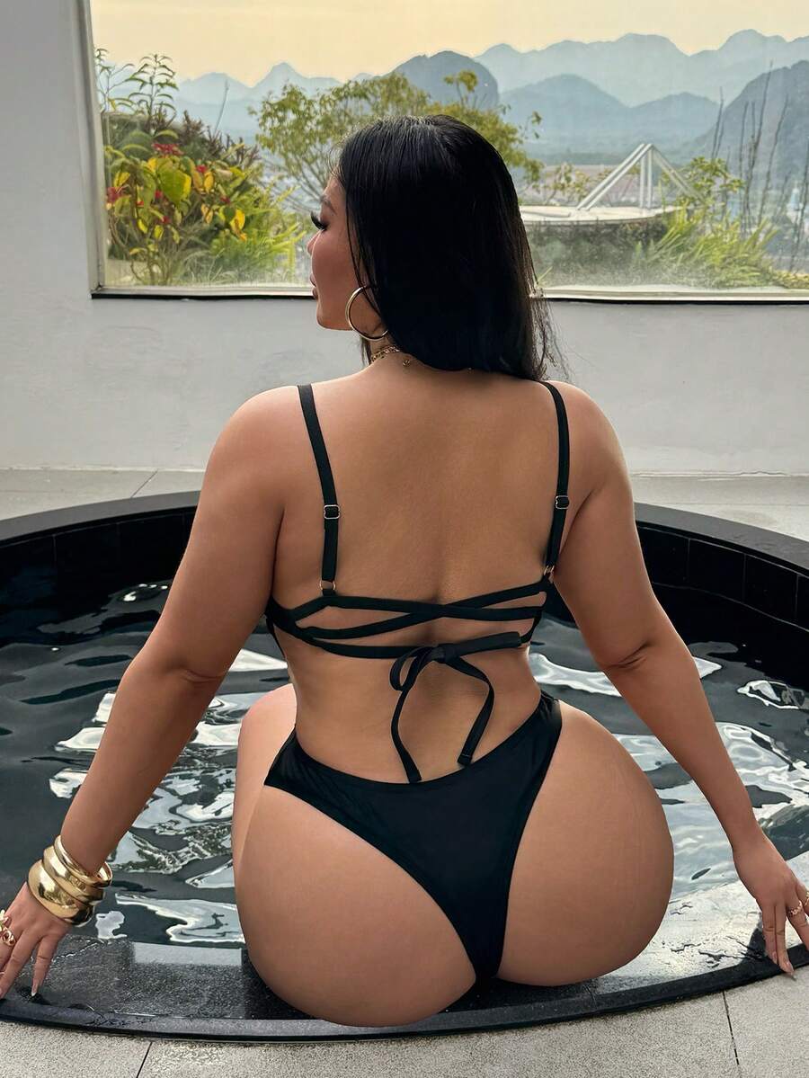 Swim SXY Plus Size One-Piece Swimsuit For Women, Solid Color Backless Drawstring Sexy Monokini, Summer - Black - View 1