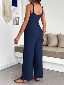 SHEIN Maternity Solid Color Ribbed Casual Wide Leg Jumpsuit - Navy Blue - View 2