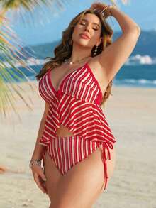 Swim Lushoire 2026 New Summer Beach Vacation Red & White Striped Knit Fabric Casual, Plus Size Women Spaghetti Strap Tankini Swimwear Set - Red - View 4