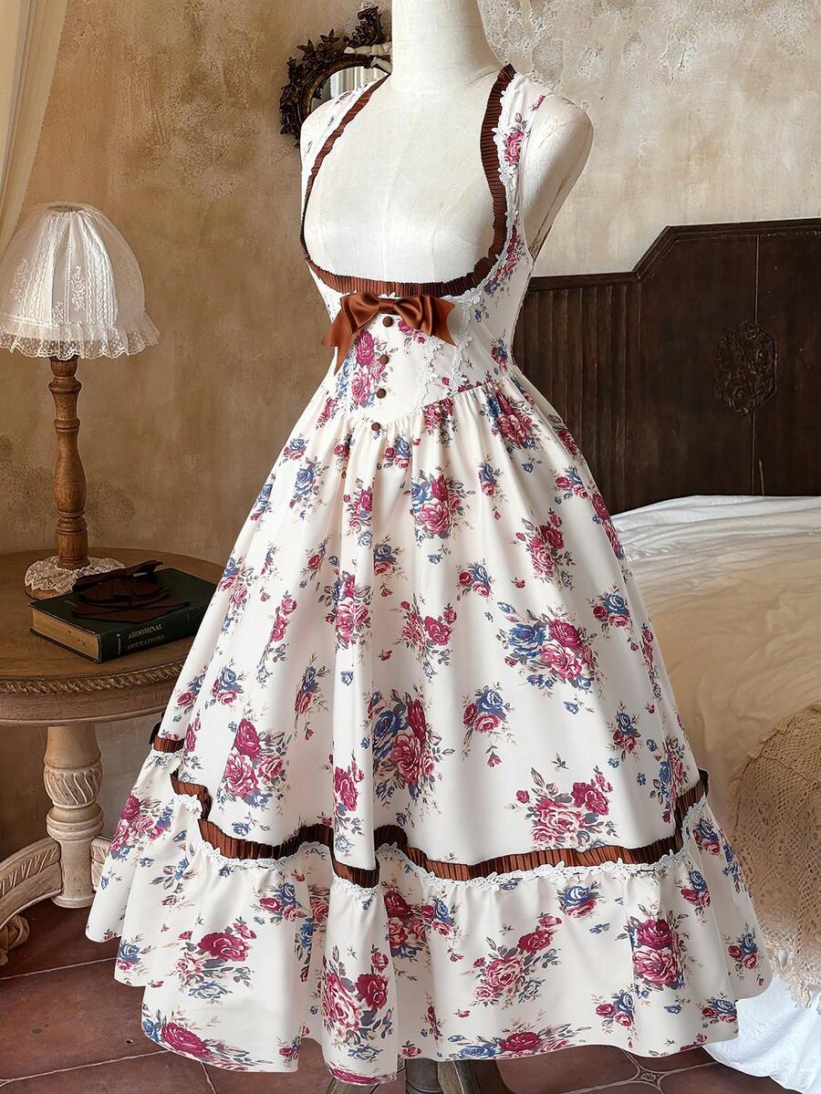 Sweetra 春季、夏季、秋季、春秋两季、度假、优雅、毕业礼服、夏季女装、碎花无袖连衣裙、碎花洛丽塔泡泡袖连衣裙、甜美吊带连衣裙、优雅洛丽塔田园风 - 彩色 - 查看 1