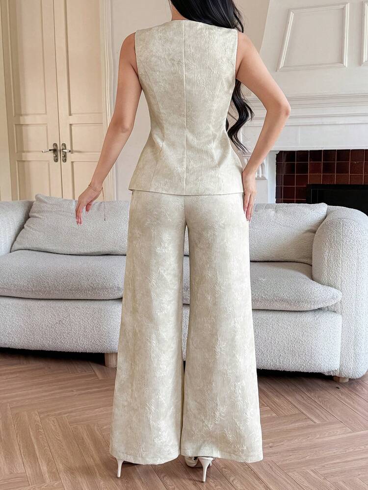 Women's Elegant Floral Textured Blazer Vest And Wide Leg Pants Suit, Spring/Summer