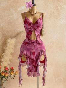 SHEIN WYWH Bộ đồ 2 món thời trang nữ viền bèo nhún và xoắn, thích hợp cho mùa hè. - Nhiều màu - Xem 3