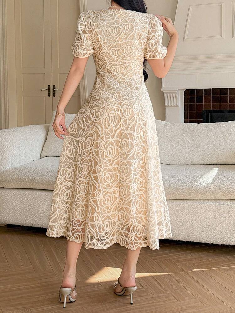 Women's Elegant Sequin Textured Square Neck Puff Sleeve Midi Dress, Summer Wedding Guest Dress Sundress