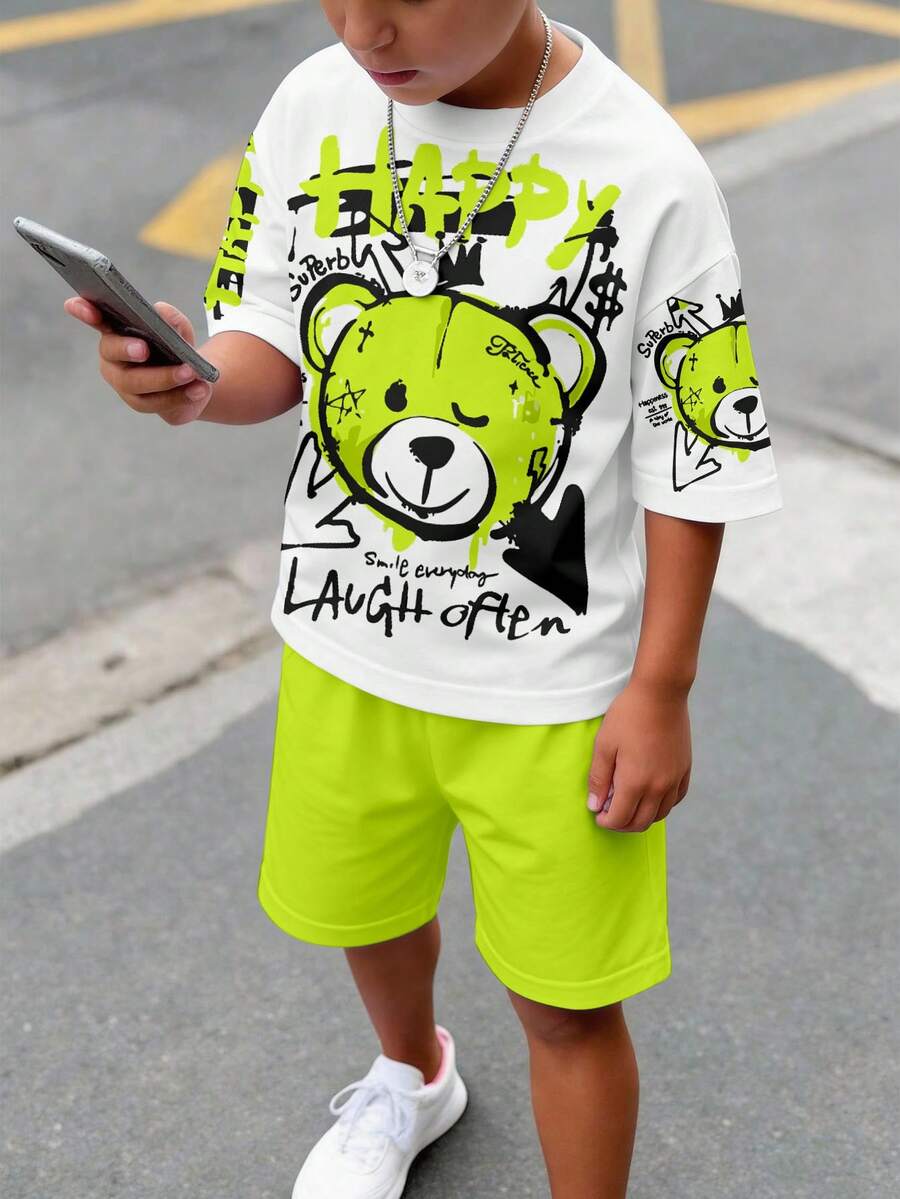 Teen Boy Casual Streetwear Minimalist Short Sleeve Crew Neck T-Shirt And Shorts Set, Suitable For Summer, Classic Cartoon Cool Graffiti Bear White - Multicolor - View 1