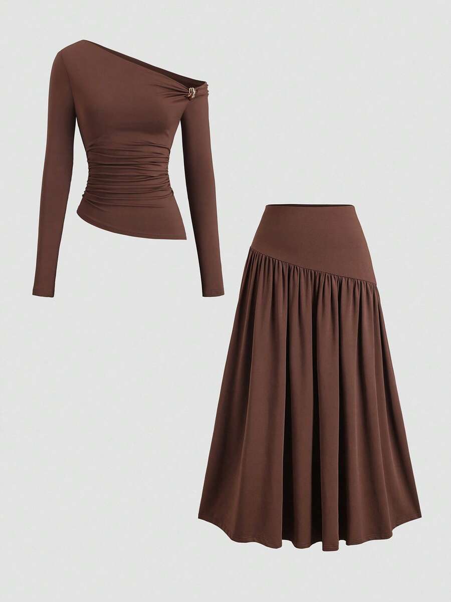 Sweetra Spring/Summer New Arrival Boat Neck Pleated Asymmetric Hem Top & Long Skirt Set, Fashionable Casual - Brown - View 1