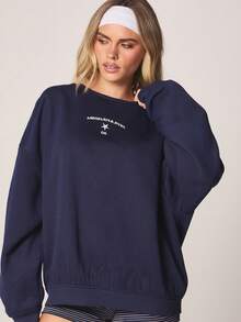 MISSGUIDED Sudadera de cuello redondo oversize con estampado de logo frontal y bajo acanalado, jersey casual de invierno - Azul Marino - Ver 5