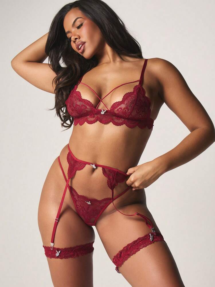 Missguided x Playboy Three Piece Lace Lingerie Set With Plunge Bra Strappy Panty And Thigh High Stockings With Garter Straps, Sexy Outfit