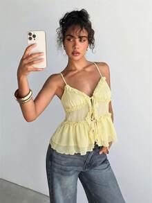 Aloruh Camiseta de mujer de unicolor con parches de malla, de moda - Amarillo claro - Ver 3