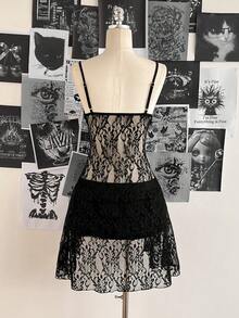 Attitoon Áo hai dây ren dáng suông bất đối xứng, kiểu vintage dành cho nữ, thích hợp cho các lễ hội âm nhạc, phong cách Y2K. - màu đen - Xem 3