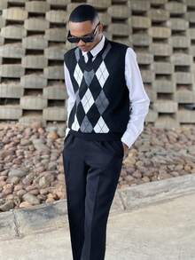 Ngobest Haus Ngobest Haus Áo len dệt kim không tay họa tiết kim cương phối màu cho nam, áo vest cổ chữ V thường ngày, phù hợp mặc hàng ngày, hoạt động ngoài trời và ngày lễ, thích hợp mặc nhiều lớp, cho mùa thu - màu đen - Xem 5