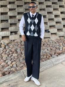 Ngobest Haus Ngobest Haus Áo len dệt kim không tay họa tiết kim cương phối màu cho nam, áo vest cổ chữ V thường ngày, phù hợp mặc hàng ngày, hoạt động ngoài trời và ngày lễ, thích hợp mặc nhiều lớp, cho mùa thu - màu đen - Xem 6