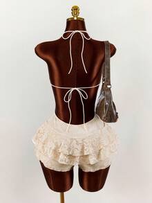 Amplova Women's Halter Tie Backless Lace Ruffle Hem Sexy Jumpsuit Romper For Dates & Parties Spring Clothes Women Boho - Apricot - View 2