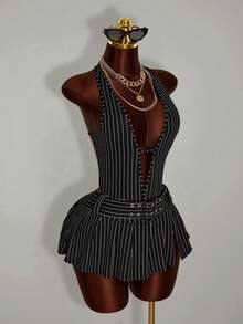 Amplova 女士性感露背条纹印花系带无袖连衣裙，配腰带，夏季 - 黑與白 - 查看 5