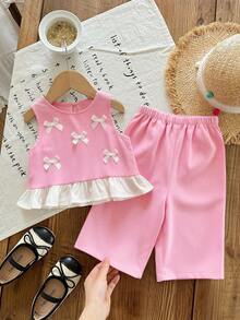 SHEIN LMoss Kids 女婴3D蝴蝶结装饰无袖上衣+七分裤两件套，时尚可爱，适合日常穿着、度假和外出，春夏新款 - 粉色 - 查看 1