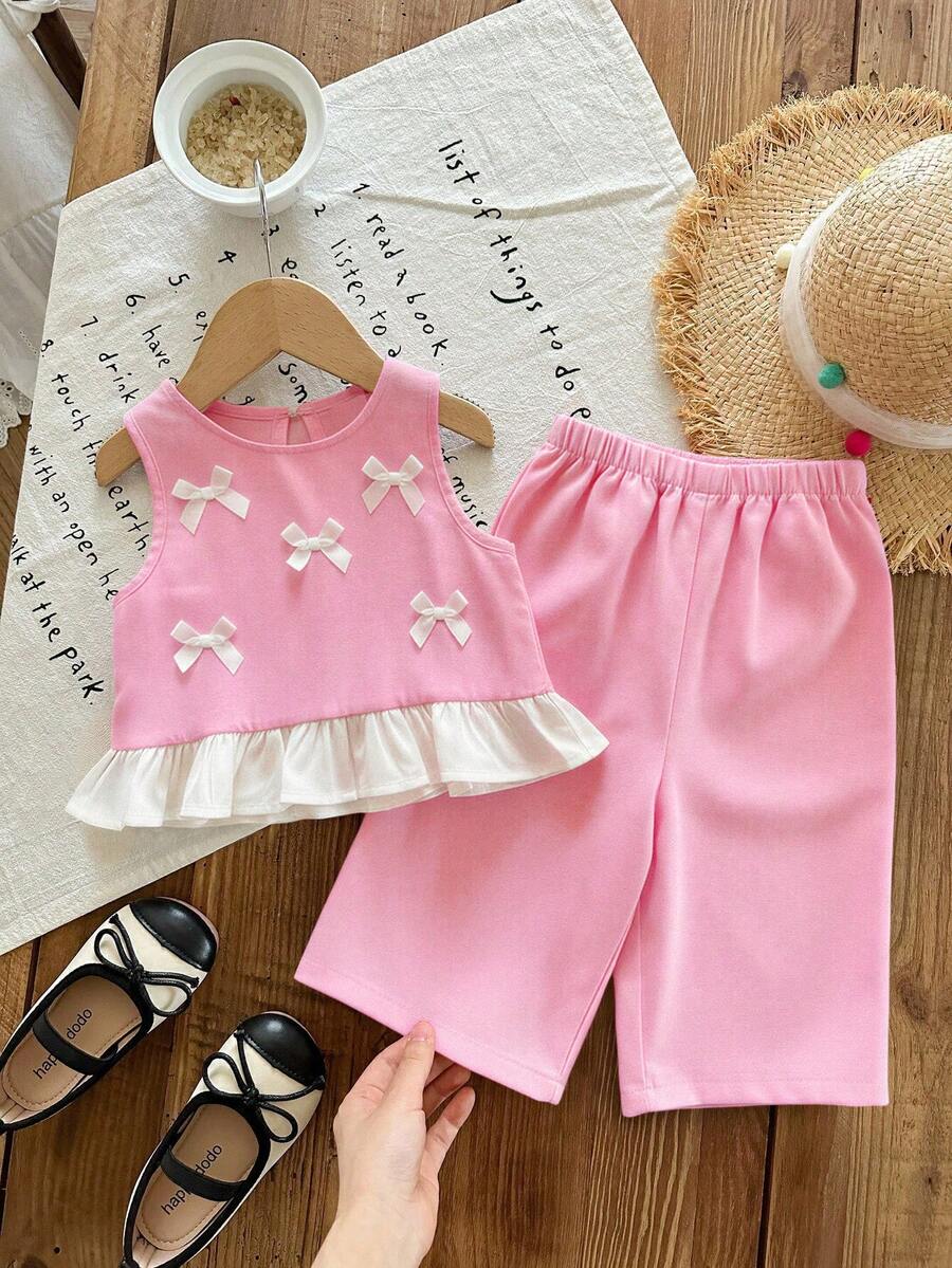 SHEIN LMoss Kids 女婴3D蝴蝶结装饰无袖上衣+七分裤两件套，时尚可爱，适合日常穿着、度假和外出，春夏新款 - 粉色 - 查看 1