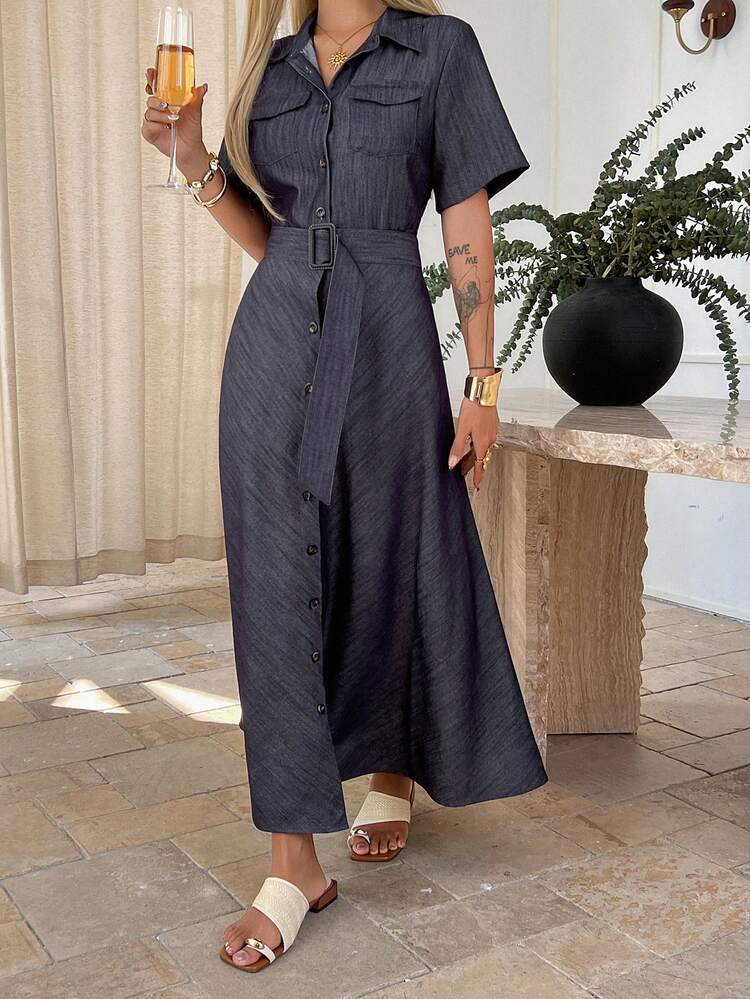 Collared Long Sleeve Cinched Waist Casual Mid-Length Dress For Women Sundress