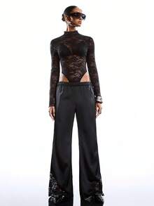 LYSMO 女士蕾丝领长袖连体裤和抽绳腰阔腿裤两件套，休闲日常穿着 - 黑色 - 查看 5