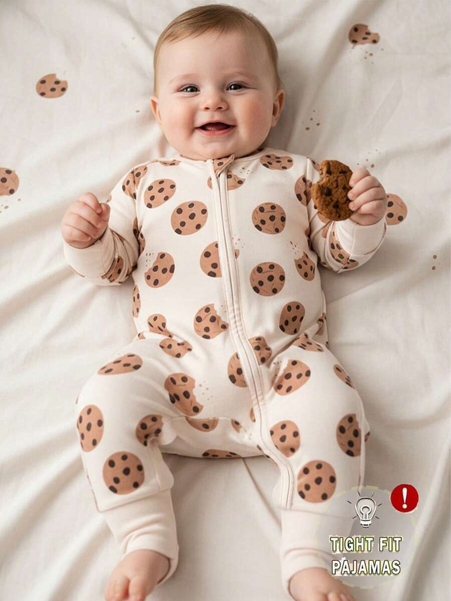 Baby Boy Cookie Print Double-Sided Zipper Long Sleeve Romper Pajamas - Yellow - View 1