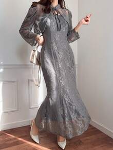 FRIFUL 女士深灰色薄纱蕾丝系带腰身两件套，商务休闲假日装扮 - 灰色 - 查看 5