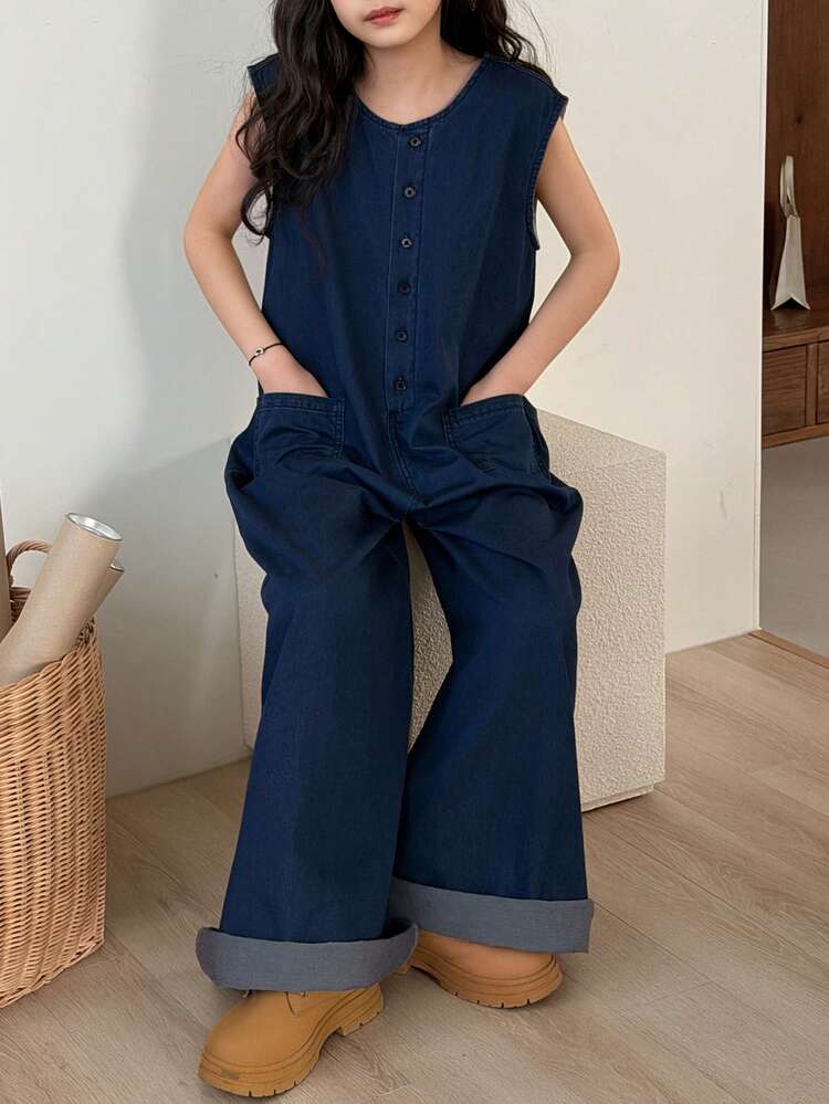 Tween Girl Button Half Placket Pocket Wide Leg Casual Denim Jumpsuit
