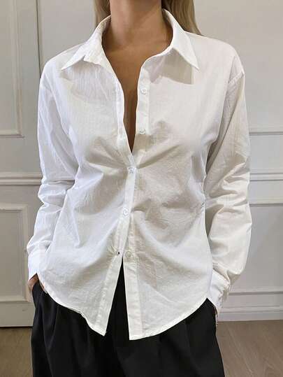 DAZY Damblus med långärmad, åtsittande midja och krage, enfärgad, elegant formell blus, vår/sommar