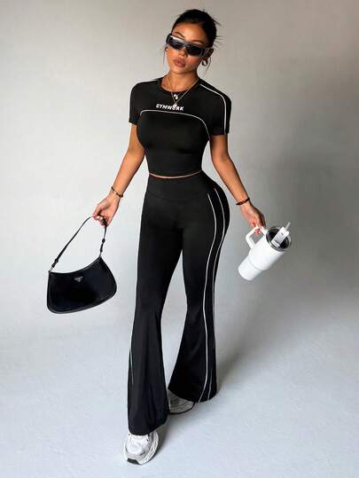 With My Calm Women's Sports Yoga Outdoor Gym Fitness Set, Letter Print Front, Double Line Decor On Shoulders Short Sleeve T-Shirt, Double Line On Sides Flared Pants