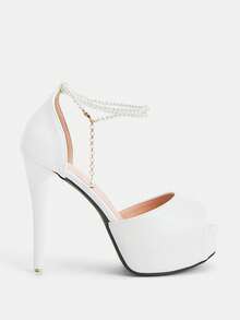 Glitzique Giày cao gót thời trang thu/đông cho nữ, giày cao gót mũi tròn buộc dây đính ngọc trai giả gợi cảm, cỡ lớn, đế xuồng, chống thấm nước, hở mũi, xuân/hè 2025 - trắng - Xem 8