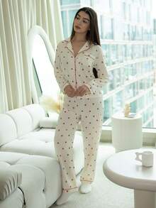 Andrea Bello Cherry Printed Sweet And Cute Pajamas Set For Autumn And Winter; Ladies' Sleepwear And Homewear With Long-Sleeved Button-Up Top And Pants, Fall Clothes - Apricot - View 2