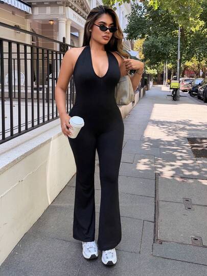 Maria Perezxox Deep V-Neck Backless Halter Long Jumpsuit, High Stretchy Slimming Soft Comfortable Casual Sexy Loungewear For Women, Spring/Summer