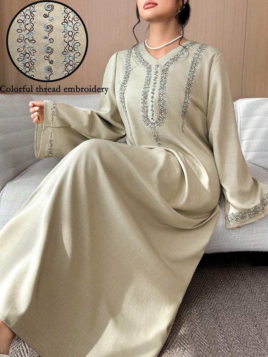 Al Najma Plus Size Women's Modest Elegant Vacation Style Flare Sleeve Embroidered Loose Turkish Arabic Traditional Long Dress - Mint Green - View 1