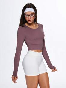 Eassivo Eassivo 女士性感露背长袖运动上衣，打结设计健身T恤 - 咖啡棕 - 查看 4