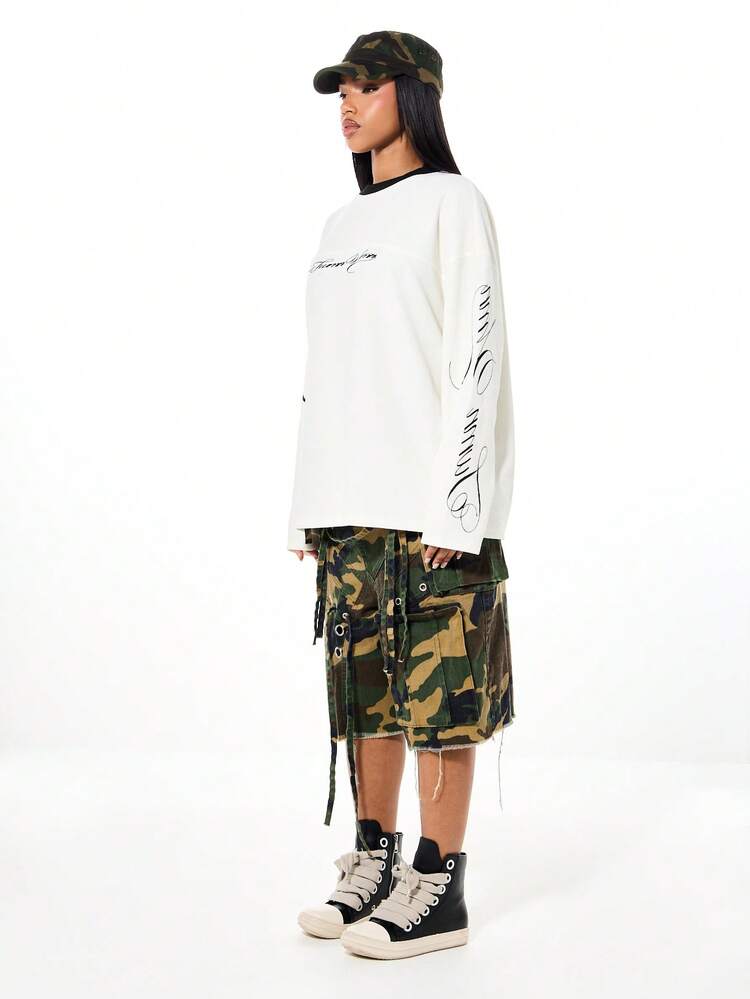SUMWON WOMEN Oversized Graphic Waffle Knit Long Sleeve Top