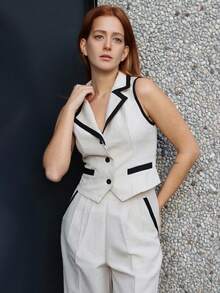 SILVIA DI SANTO Ensemble veste et pantalon élégant de navettage avec bordure contrastée pour femmes, tenues complètes pour femmes, retour à l'école, tenues d'enseignante pour femmes, robe de témoin de mariage élégante, tenue décontractée chic pour femme, robe de témoin de mariage élégante, style femme "old money", chemise boutonnée pour femme, pour l'automne/l'hiver - Nude - Voir 4