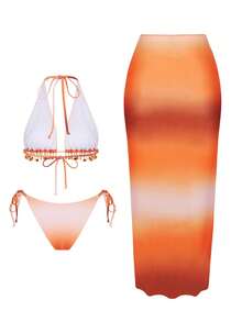 Swim Vcay Women's New Gradient Tie-Dye Print Sequin Tassel Beaded V-Neck Halter Backless Triangle Bikini Set With Sarong Maxi Dress, Suitable For Spring/Summer Vacation And Swimming - Multicolor - View 3