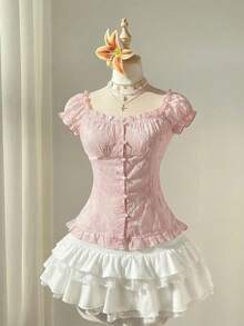 Elamini Áo kiểu nữ màu hồng jacquard cổ vuông tay phồng viền bèo nhún, dáng ôm vừa vặn, ngọt ngào và thanh lịch cho mùa hè, đi biển, nghỉ mát. - Hồng - Xem 5