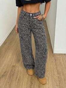 SHEIN PETITE 女士豹纹弹力腰带牛仔裤 冬季牛仔裤 派对街头风牛仔裤 - 彩色 - 查看 5