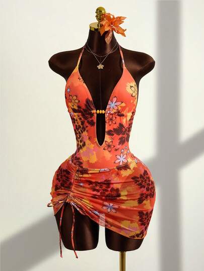 Swim SXY Women's Floral Print Beaded Decor V-Neck Backless Sexy One-Piece Swimsuit For Beach Vacation