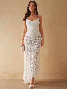 Silquee 春夏白色蕾丝吊带垂褶领修身不对称A字连体裤，性感优雅女士长款连体裤，无袖连体裤，美人鱼连衣裙，正式场合，伴娘礼服，婚礼，海滩度假 - 白色 - 查看 1