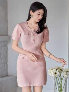 DAZY 女士优雅纯色圆领口袋毛衣连衣裙，夏季 - 粉色 - 查看 5