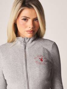 Missguided x Playboy Ribbed Long Sleeve Full Zip Sweatshirt And Wide Leg Palazzo Pants Co-Ord Lounge Set With Mock Neck - Grey - View 5