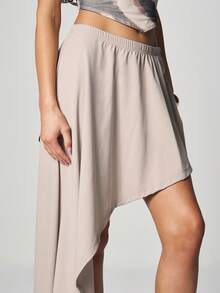 MISSGUIDED Asymmetric High Low Maxi Skirt With Elastic Waistband And Side Drape Detail For Spring Summer Occasions - Khaki - View 4