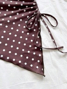 Soleia Women's Summer Vacation Beige Knit Jacquard Textured One-Shoulder Fitted Hem Slit Drawstring Ruched Camisole, Suitable For Party, Date, Valentine's Day, Easter, Carnival, Afternoon Tea, Beach, Cruise, City Vacation - Brown - View 5