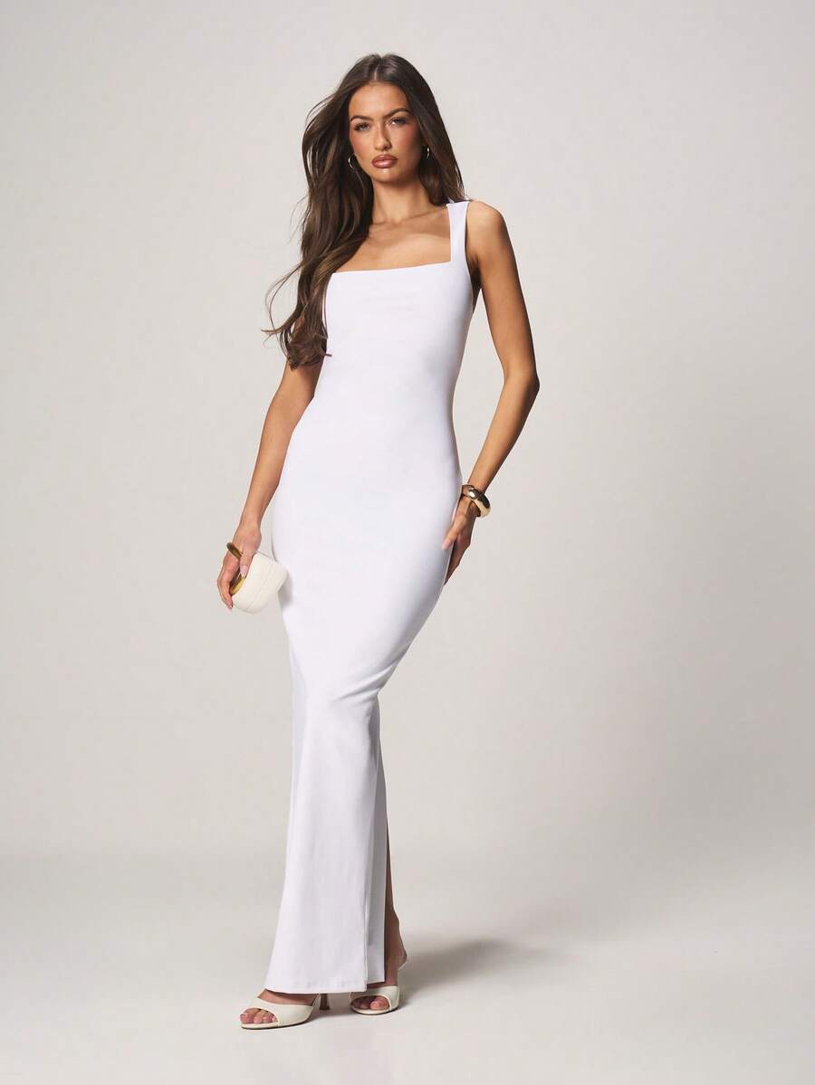 MISSGUIDED Basic Square Neck Sleeveless Bodycon Maxi Dress With Side Slit Perfect For Summer Evening Occasions - White - View 1
