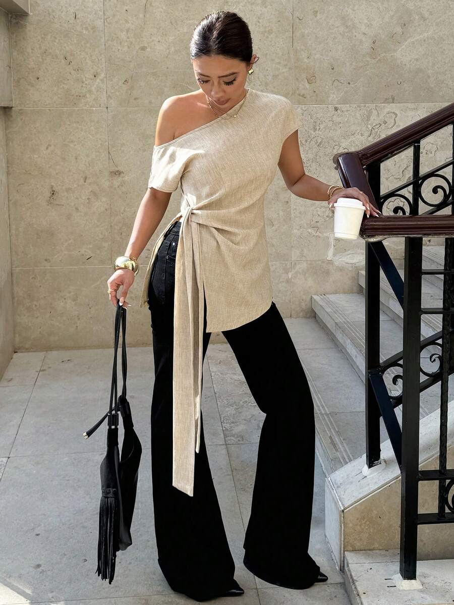 Siren Gaze Elegant Unique Blouse, High-Quality Bat Wing Linen Shirt For Women, Summer Oblique Collar Shirt, Chic Off Shoulder Linen Blend Top With Side Tie Details And Slim Fit Design, Women's Social Blouse, Commuter Shirt, Elegant Women's Blouses, Vacation, Party, Summer Casual Beige Top One Shoulder Top Front Tie Top One Shoulder Blouse Front Tie Blouse One Sleeve Top Greece Vacation Outfits Women Women's One Shoulder Top - Apricot - View 1