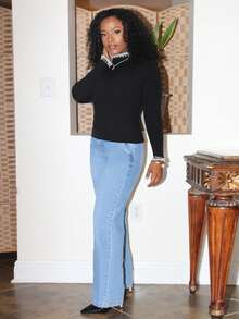 Steph T 女士网眼拼接仿珍珠立领修身长袖套头毛衣 - 黑色 - 查看 6