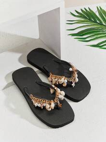 SHUZIA Women's Seashell Starfish Multi-Elements Bracelet Flip Flops Pool Sandals - Black - View 7