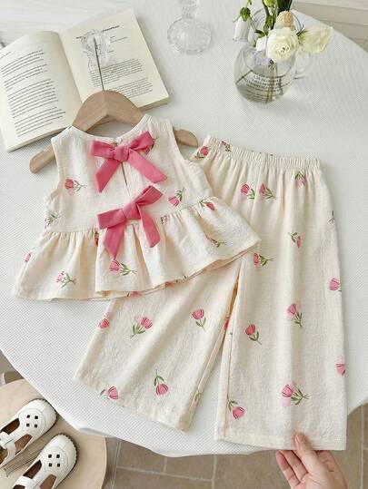 LMoss Kids 2件套女婴碎花编织背心和裤子套装