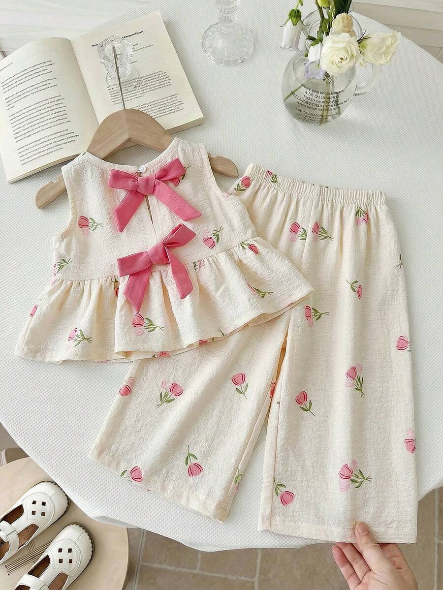LMoss Kids 2pcs Baby Girl Ditsy Floral Woven Vest And Pants Set - Multicolor - View 1