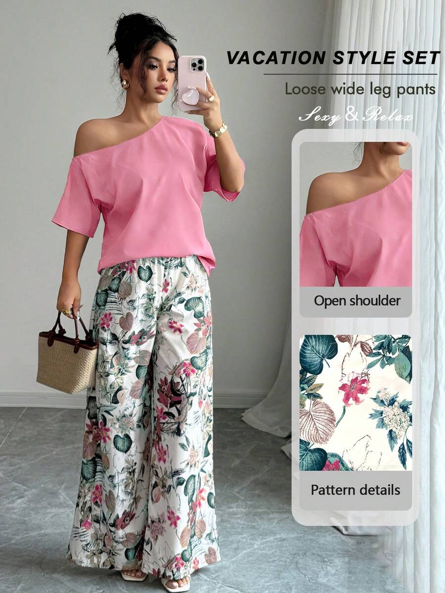 Selianne 两件套：不对称肩部上衣和印花裤 - 粉色 - 查看 1